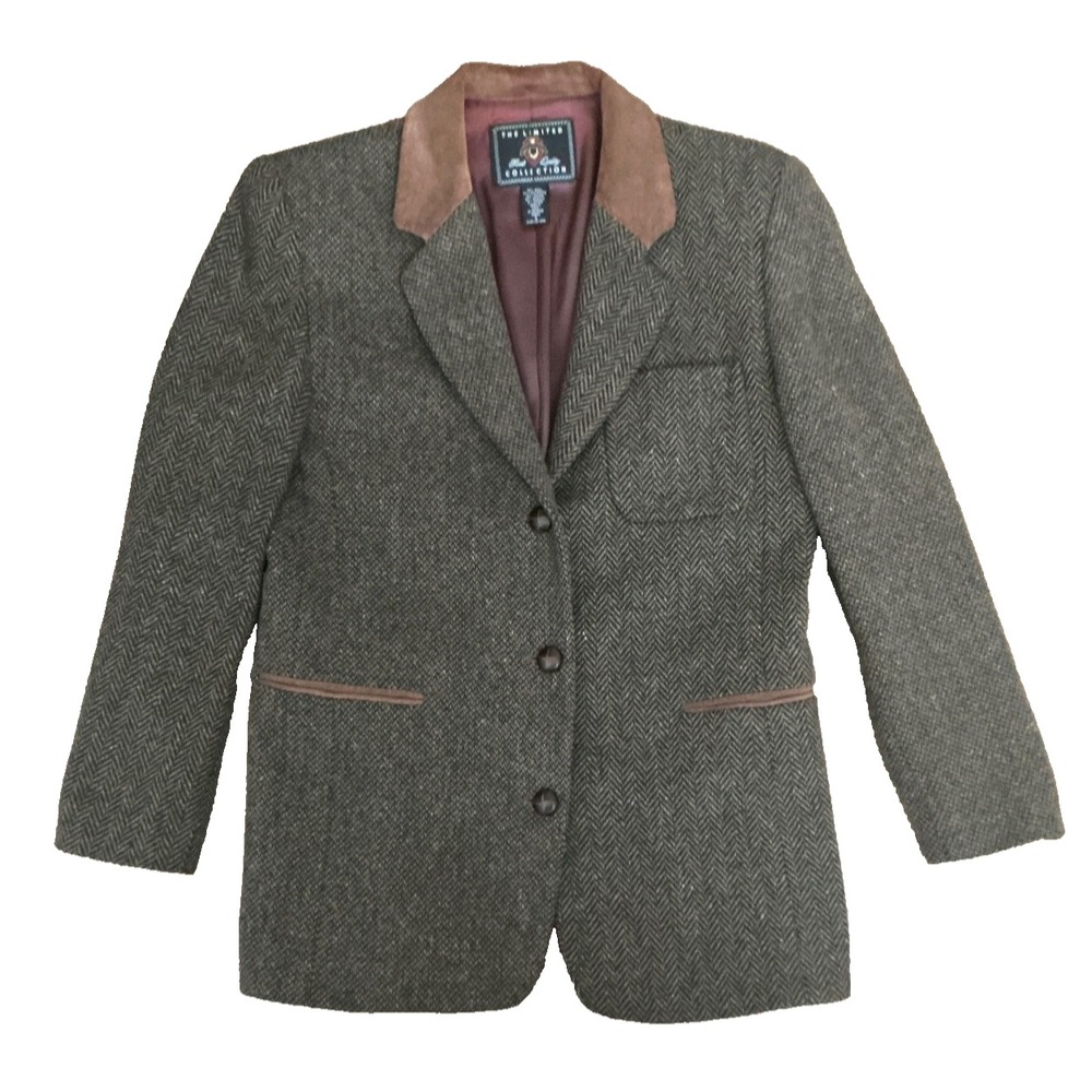 Vintage The Limited Collection Wool Blend Herringbone Blazer Sz S Suede Collar